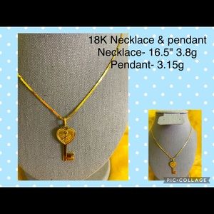 Solid 18K yellow gold necklace with pendant. 16.5" long
